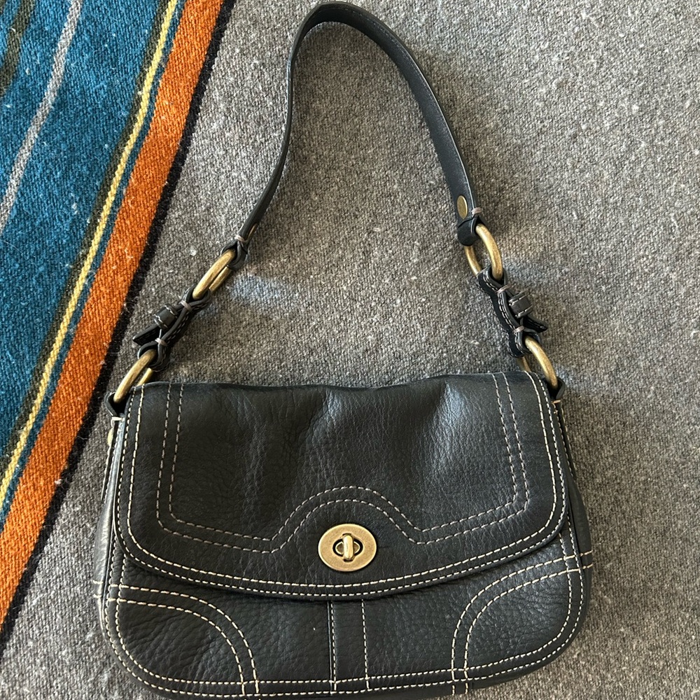 Coach Black Leather Shoulder Bag with Brass Turnlock